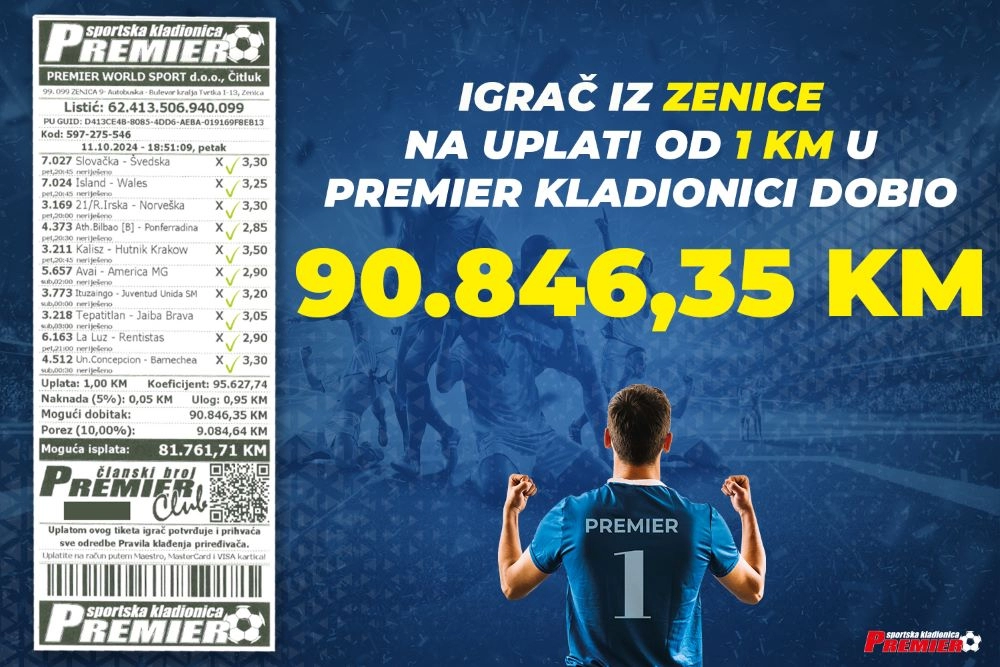 Nevjerojatan dobitak: Zeničanin na uplati od 1 KM u Premier kladionici dobio 90.846,35 KM!